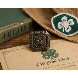Vintage 4-H FIRST Award Pin Bronze Tone Clover Lapel Badge